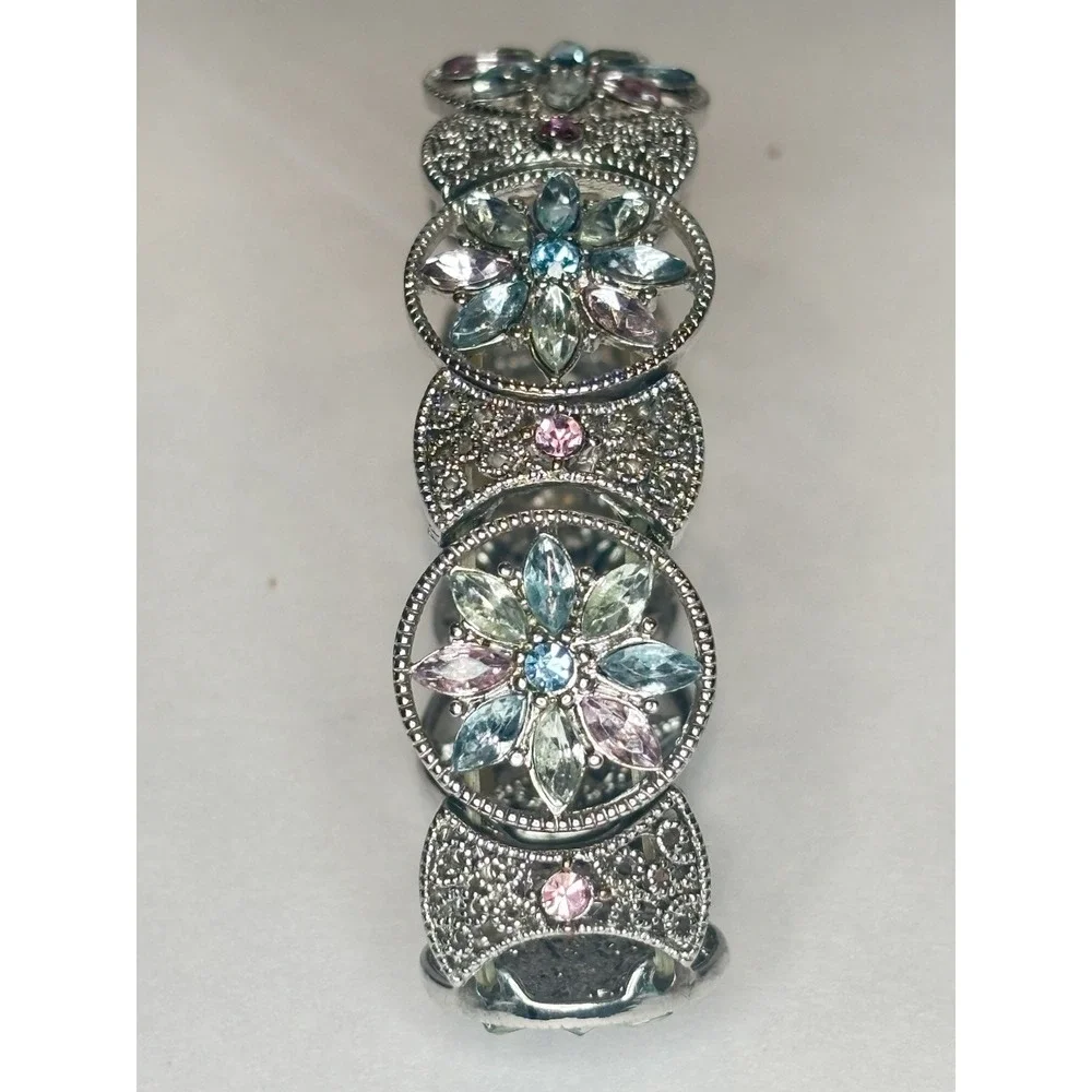 Vintage Silver Tone Pastel Rhinestone Stretch Bracelet